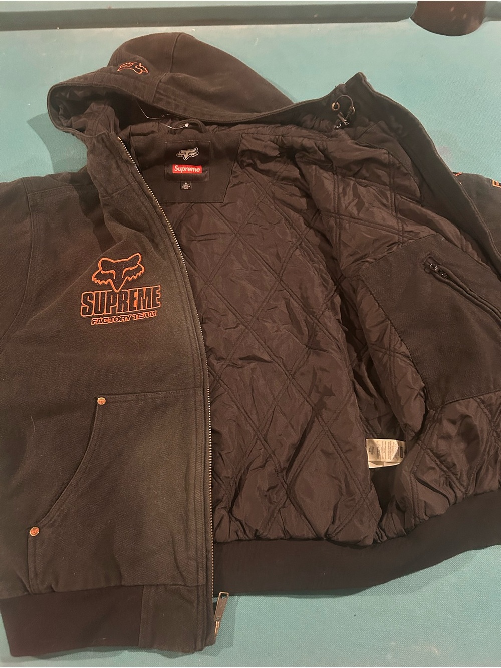 Supreme Black Hooded Puffer Jacket with Orange Logos - Picture 6 of 6